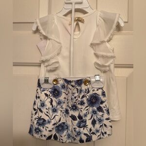 Shabby Chic White Ruffle Top & Blue Floral Short Set